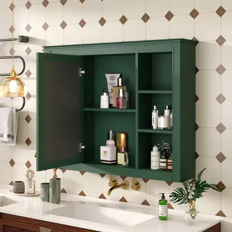 Armoire de toilette murale moderne avec miroir et 6 étagères ouvertes, armoire à pharmacie avec miroir pour salle de bain