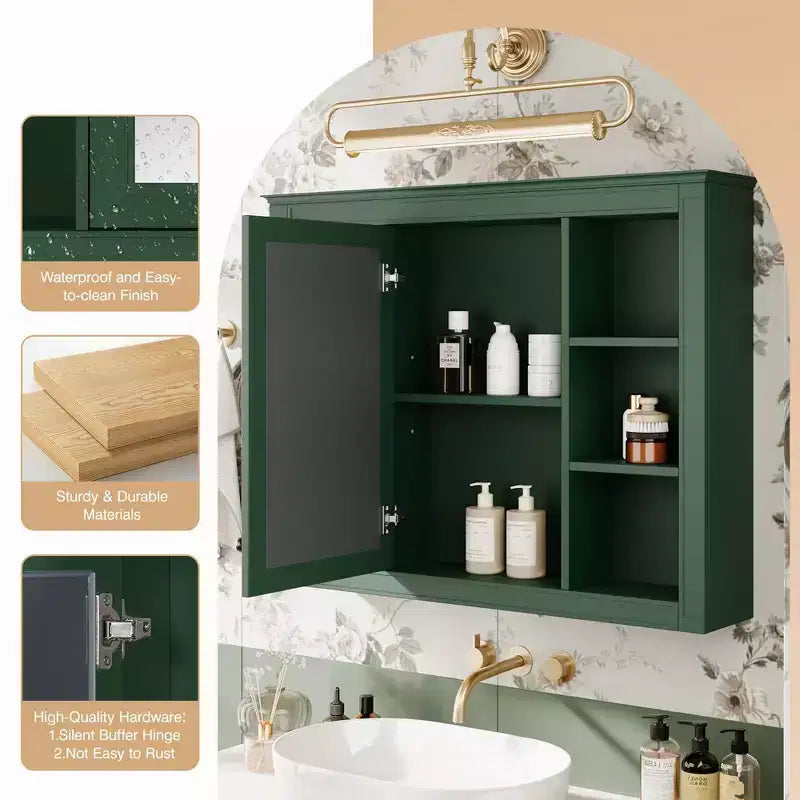 Armoire de toilette murale moderne avec miroir et 6 étagères ouvertes, armoire à pharmacie avec miroir pour salle de bain
