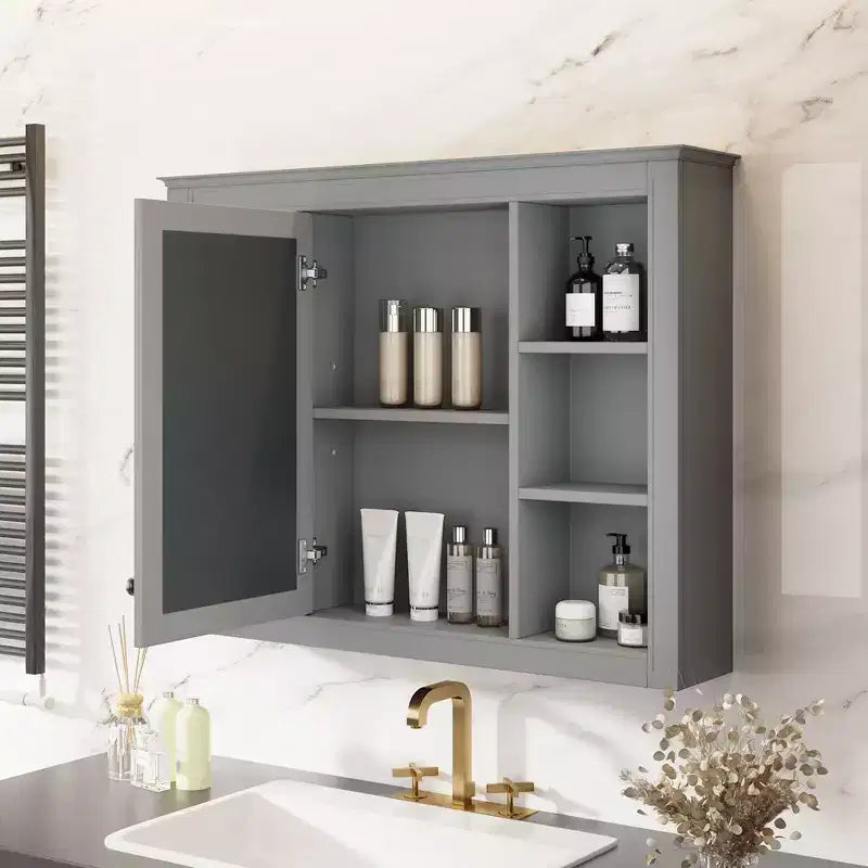 Armoire de toilette murale moderne avec miroir et 6 étagères ouvertes, armoire à pharmacie avec miroir pour salle de bain