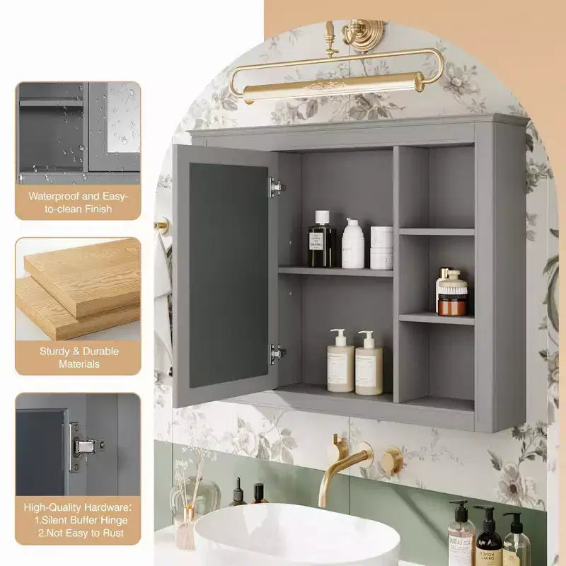Armoire de toilette murale moderne avec miroir et 6 étagères ouvertes, armoire à pharmacie avec miroir pour salle de bain