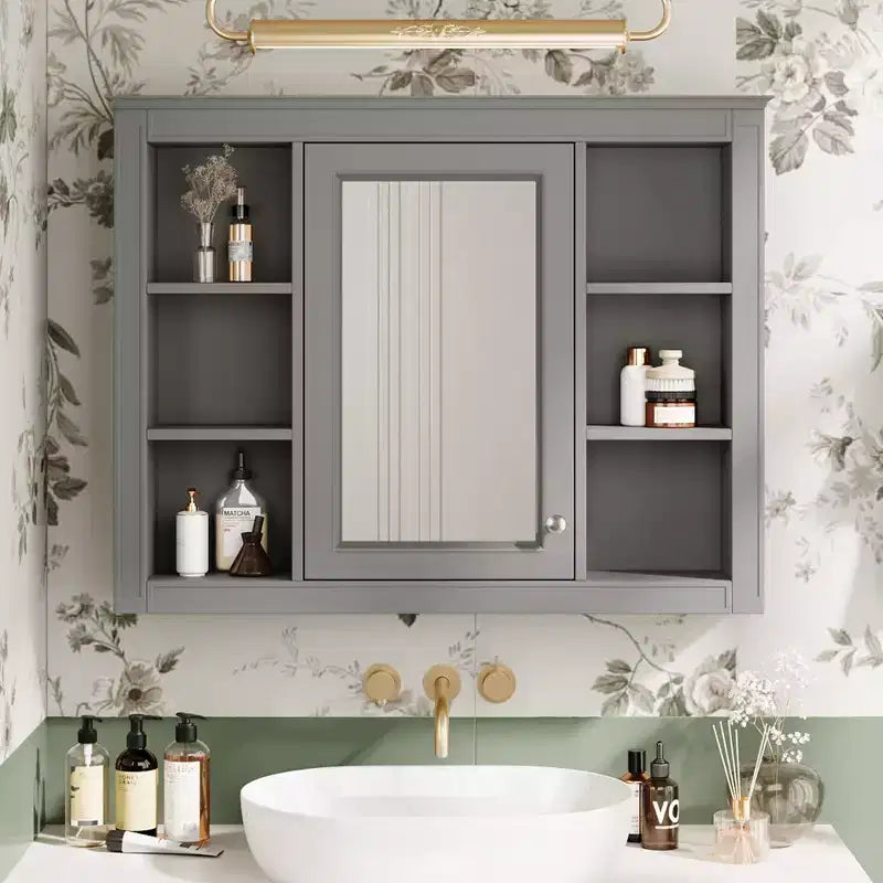 Armoire de toilette murale moderne avec miroir et 6 étagères ouvertes, armoire à pharmacie avec miroir pour salle de bain
