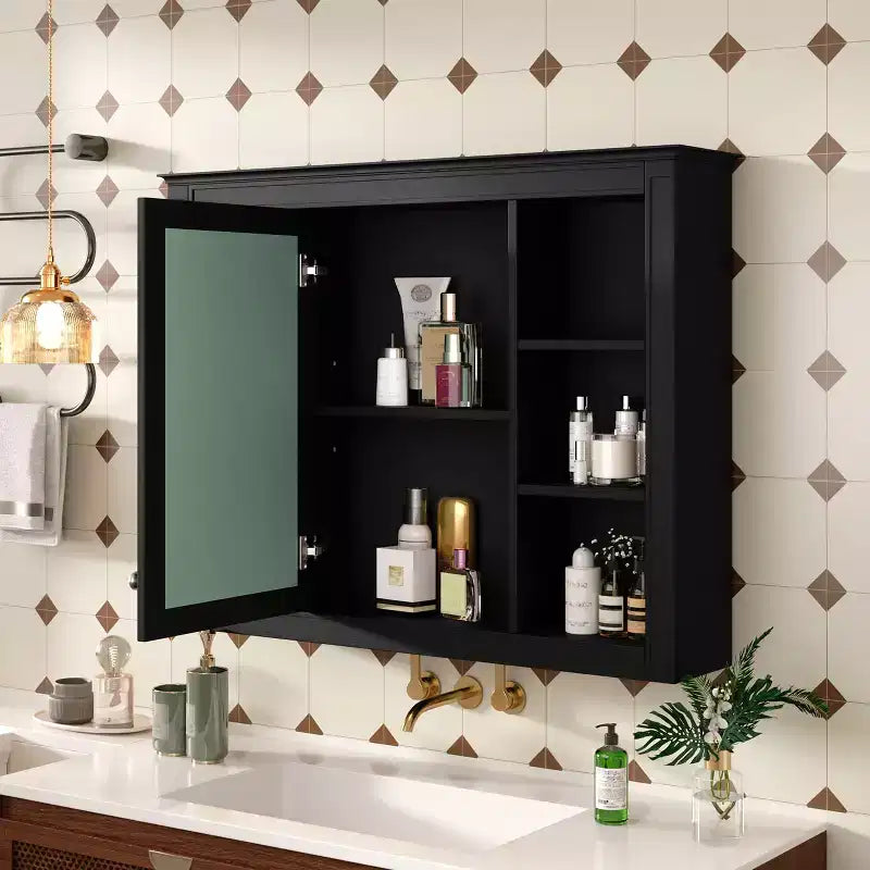 Armoire de toilette murale moderne avec miroir et 6 étagères ouvertes, armoire à pharmacie avec miroir pour salle de bain
