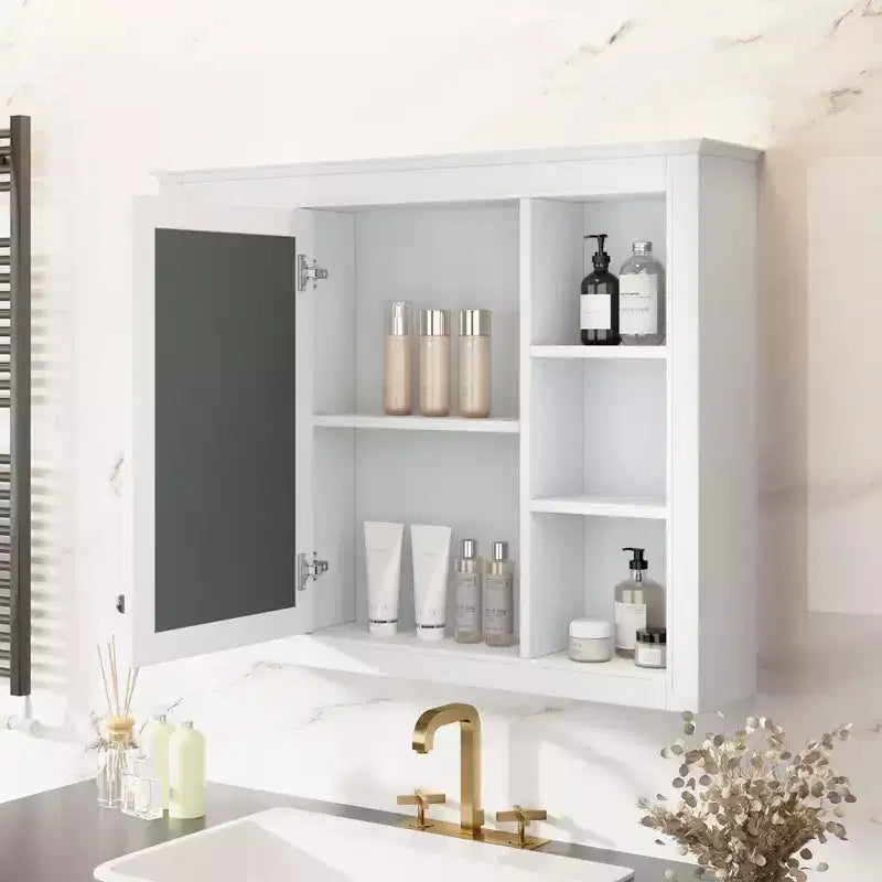 Armoire de toilette murale moderne avec miroir et 6 étagères ouvertes, armoire à pharmacie avec miroir pour salle de bain