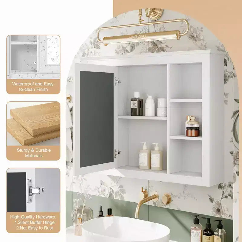 Armoire de toilette murale moderne avec miroir et 6 étagères ouvertes, armoire à pharmacie avec miroir pour salle de bain