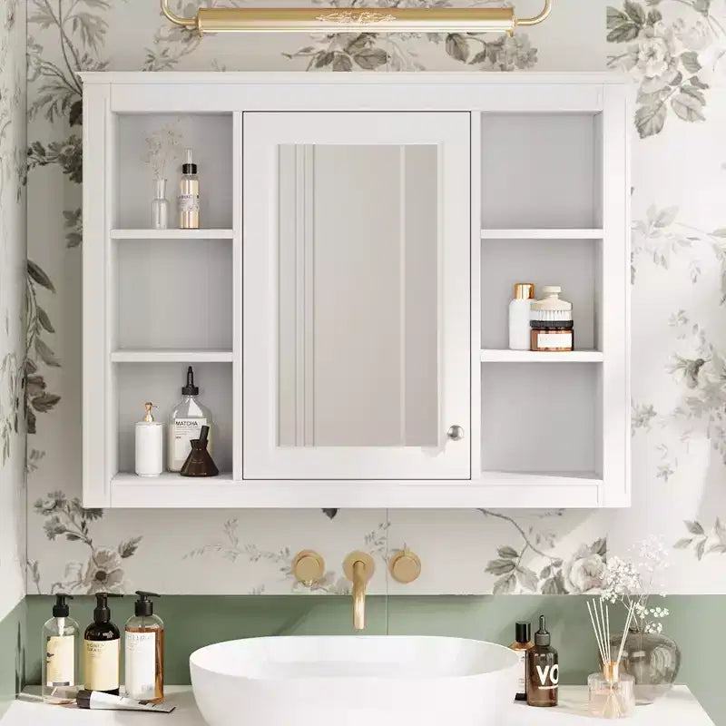 Armoire de toilette murale moderne avec miroir et 6 étagères ouvertes, armoire à pharmacie avec miroir pour salle de bain