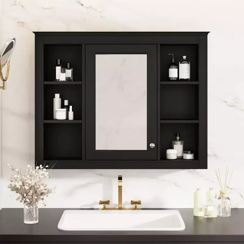 Armoire de toilette murale moderne avec miroir et 6 étagères ouvertes, armoire à pharmacie avec miroir pour salle de bain