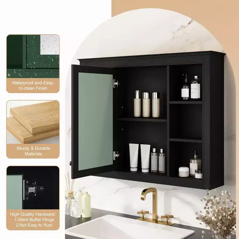 Armoire de toilette murale moderne avec miroir et 6 étagères ouvertes, armoire à pharmacie avec miroir pour salle de bain