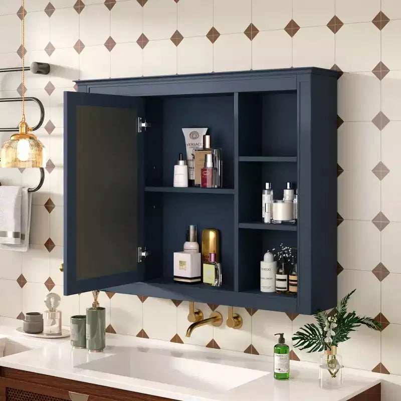 Armoire de toilette murale moderne avec miroir et 6 étagères ouvertes, armoire à pharmacie avec miroir pour salle de bain