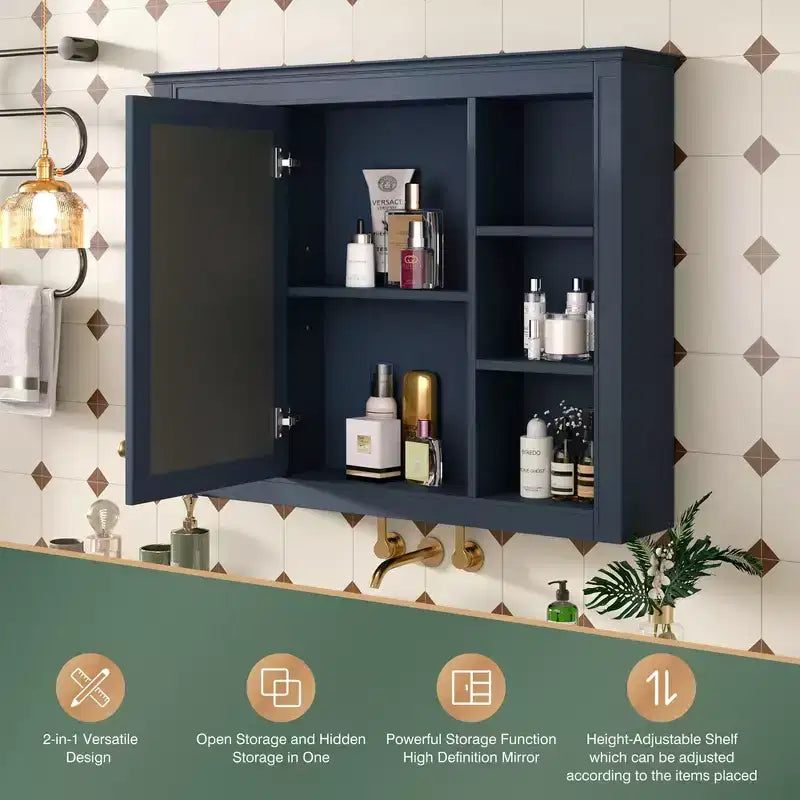 Armoire de toilette murale moderne avec miroir et 6 étagères ouvertes, armoire à pharmacie avec miroir pour salle de bain