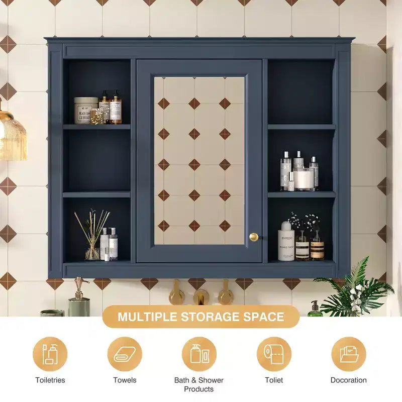 Armoire de toilette murale moderne avec miroir et 6 étagères ouvertes, armoire à pharmacie avec miroir pour salle de bain