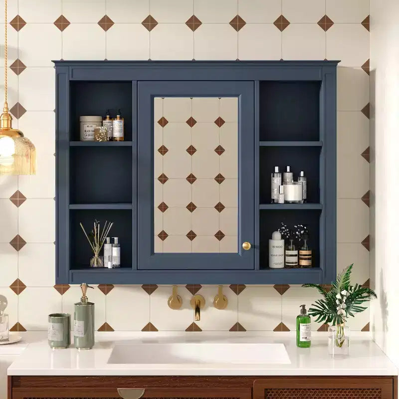 Armoire de toilette murale moderne avec miroir et 6 étagères ouvertes, armoire à pharmacie avec miroir pour salle de bain
