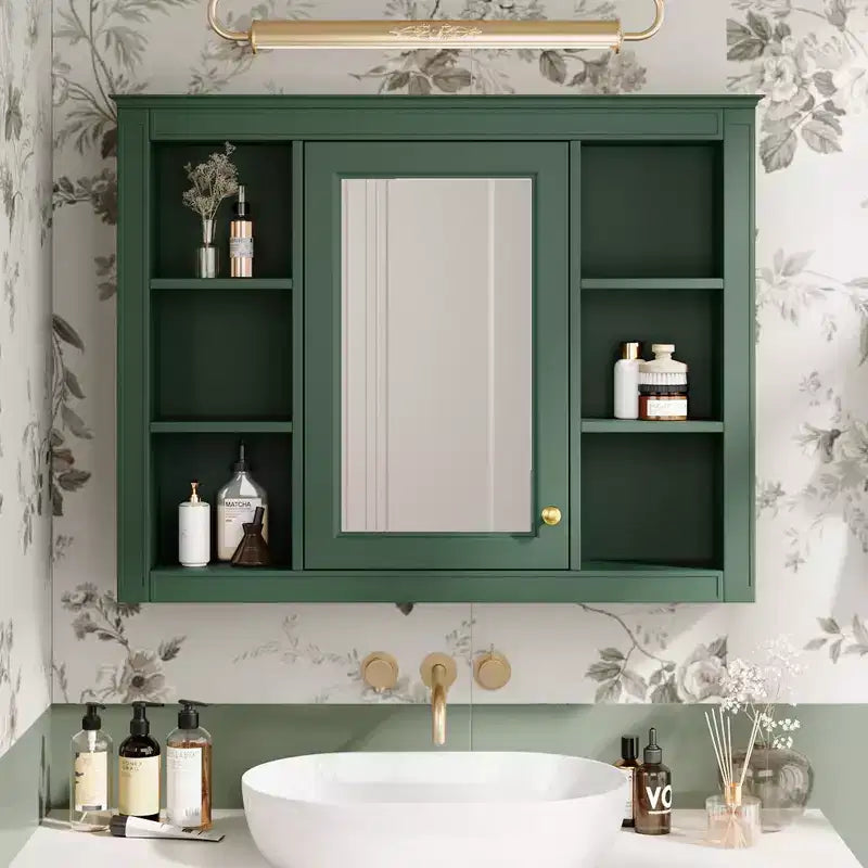 Armoire de toilette murale moderne avec miroir et 6 étagères ouvertes, armoire à pharmacie avec miroir pour salle de bain