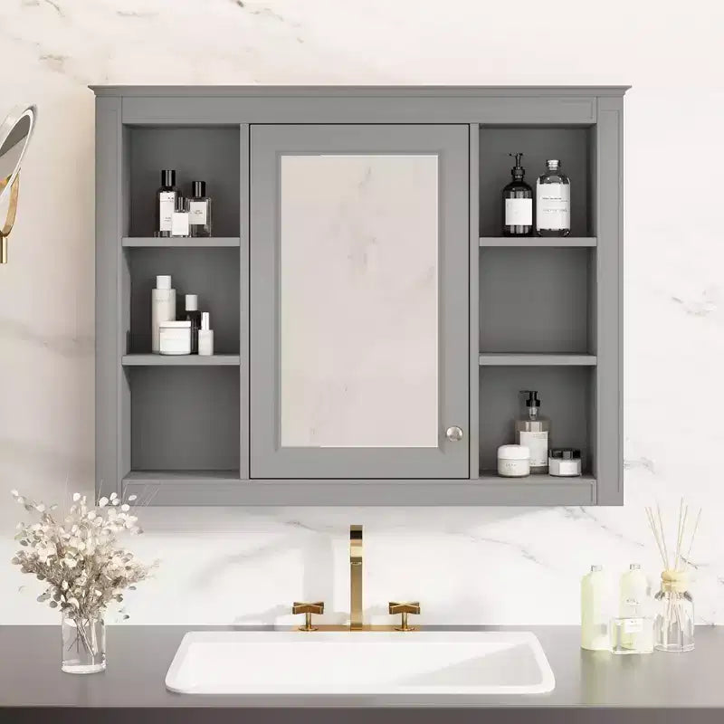 Armoire de toilette murale moderne avec miroir et 6 étagères ouvertes, armoire à pharmacie avec miroir pour salle de bain
