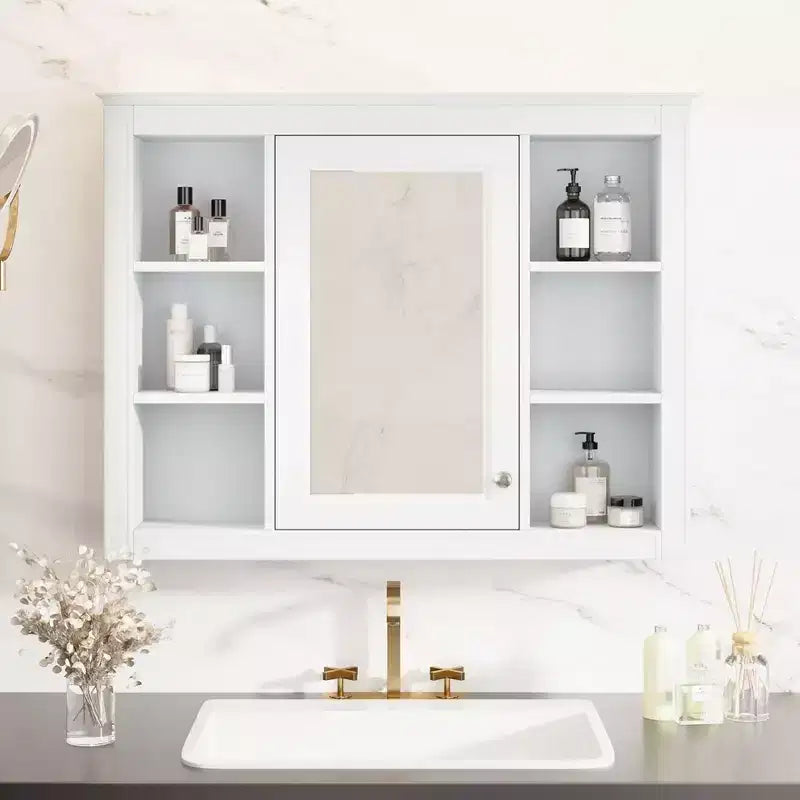 Armoire de toilette murale moderne avec miroir et 6 étagères ouvertes, armoire à pharmacie avec miroir pour salle de bain