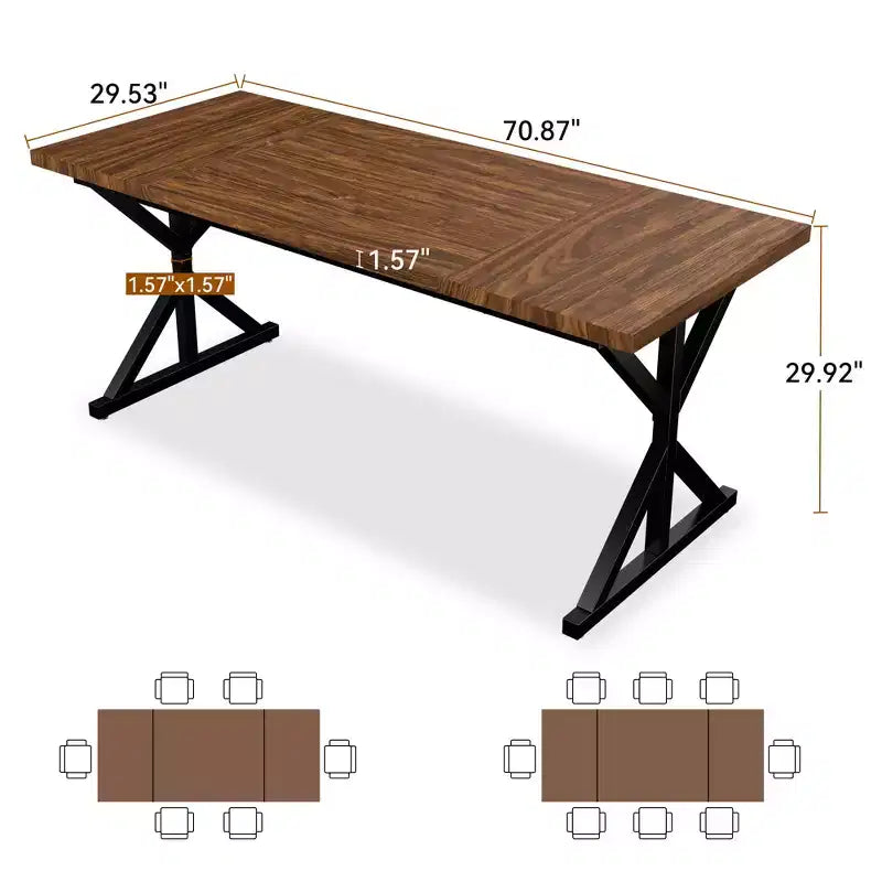 Table de salle à manger de ferme de 70,8 po pour 6 personnes, table de cuisine rustique en bois avec pieds en métal pour salle à manger