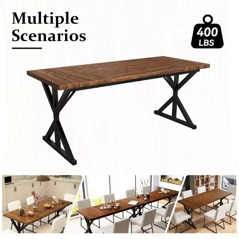 Table de salle à manger de ferme de 70,8 po pour 6 personnes, table de cuisine rustique en bois avec pieds en métal pour salle à manger