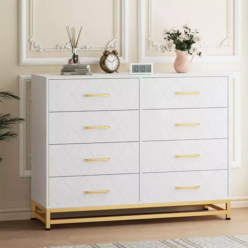 8-Drawer Wooden Dresser with Metal Handles,Sturdy Modern Bedroom Dresser with Deep Drawers,Metal-Framed Wood Chest of Drawers, Sturdy Chest