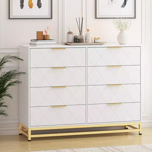 Commode en bois à 8 tiroirs avec poignées en métal, commode de chambre moderne et robuste avec tiroirs profonds, commode en bois à cadre métallique, commode robuste