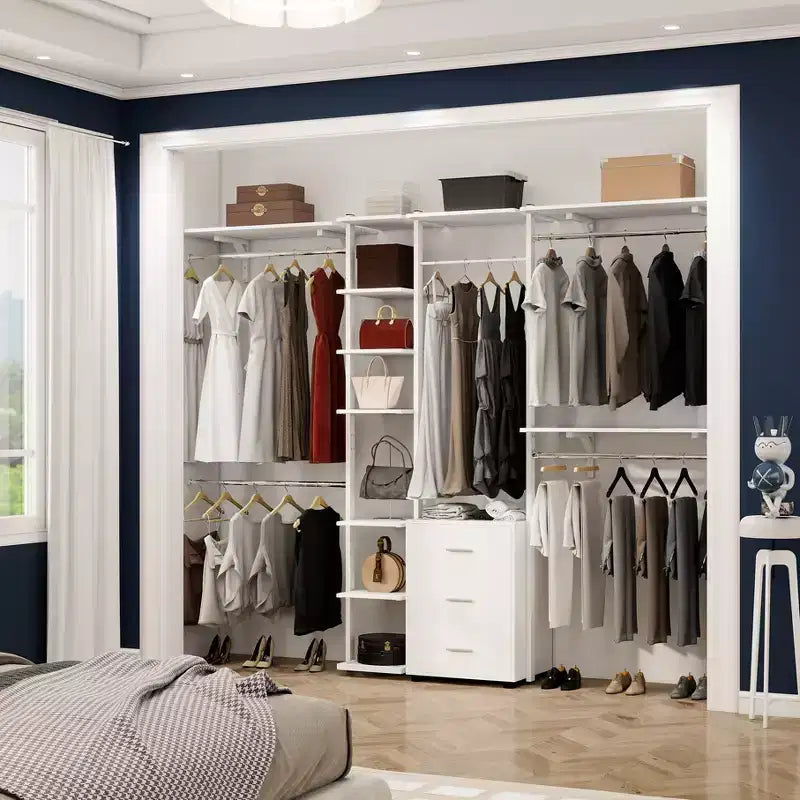 Système d'organisation de placard avec étagères tour, étendoir à vêtements robuste avec tiroirs en bois