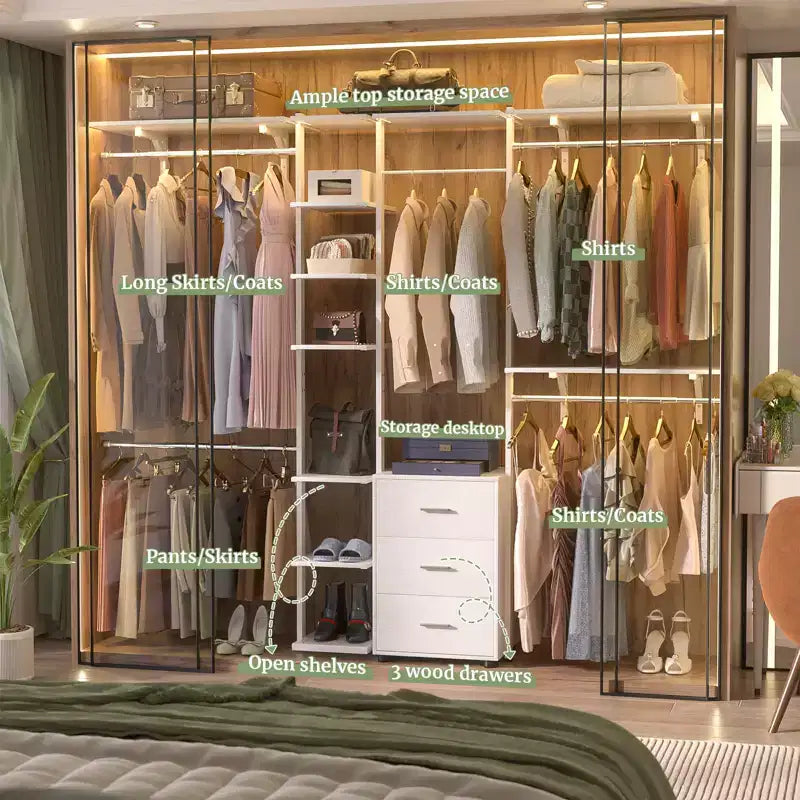 Système d'organisation de placard avec étagères tour, étendoir à vêtements robuste avec tiroirs en bois