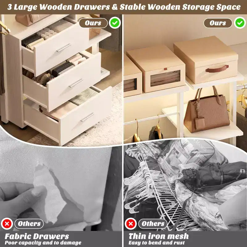 Système d'organisation de placard avec étagères tour, étendoir à vêtements robuste avec tiroirs en bois