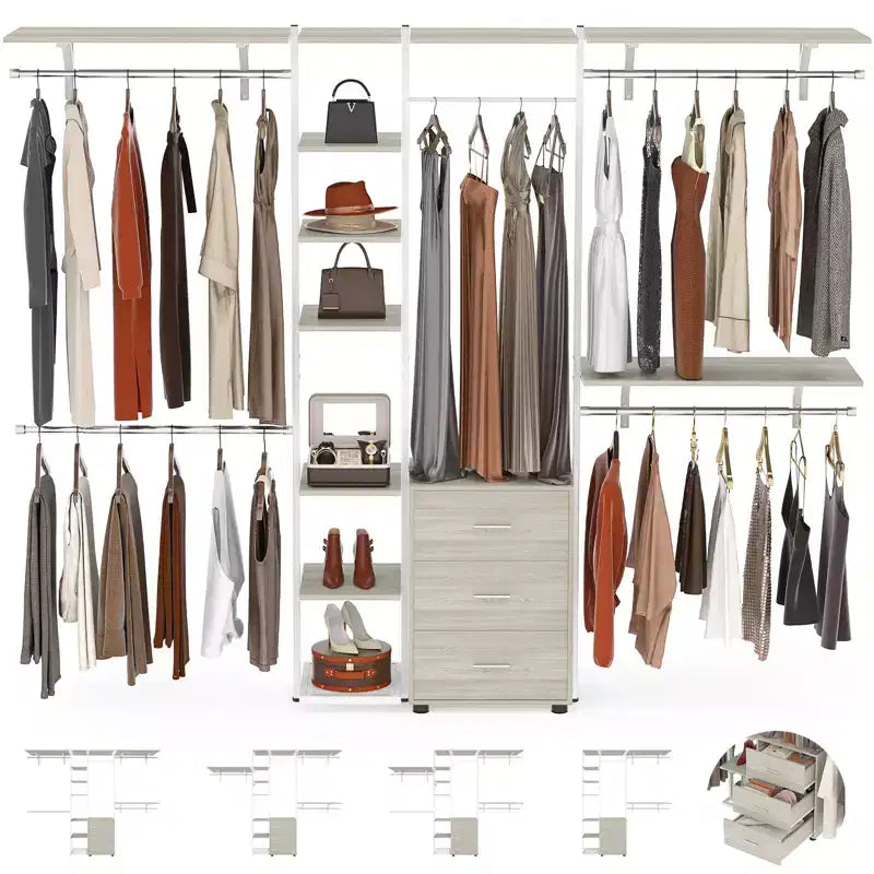 Système d'organisation de placard avec étagères tour, étendoir à vêtements robuste avec tiroirs en bois