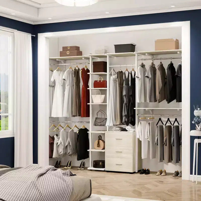 Système d'organisation de placard avec étagères tour, étendoir à vêtements robuste avec tiroirs en bois