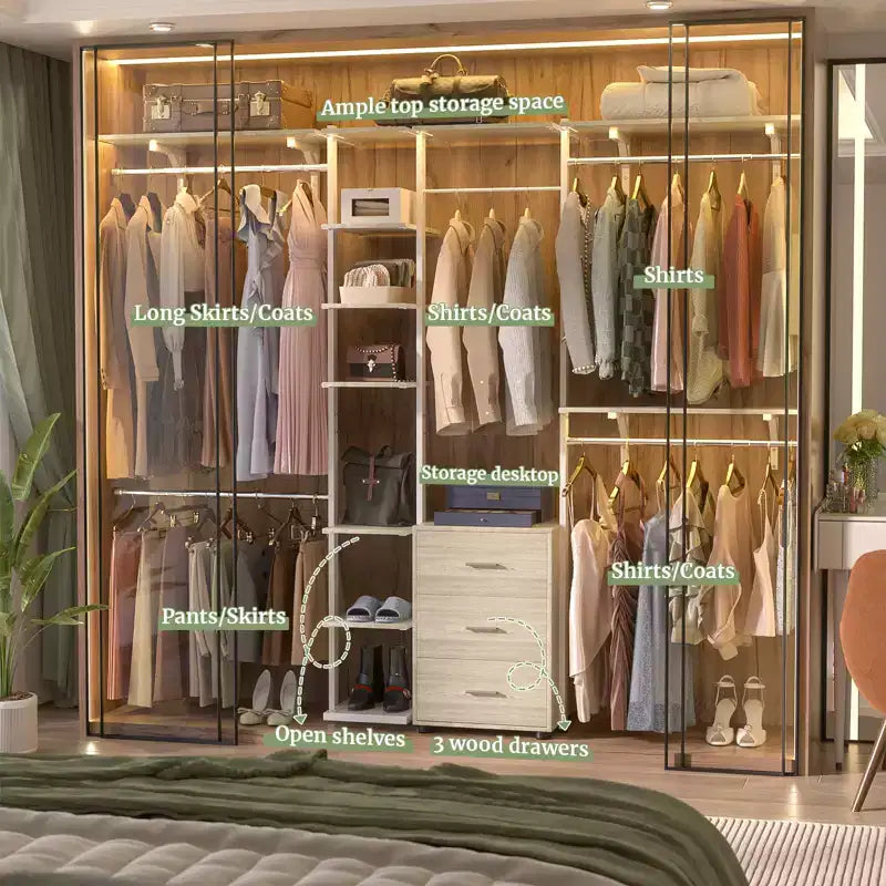 Système d'organisation de placard avec étagères tour, étendoir à vêtements robuste avec tiroirs en bois