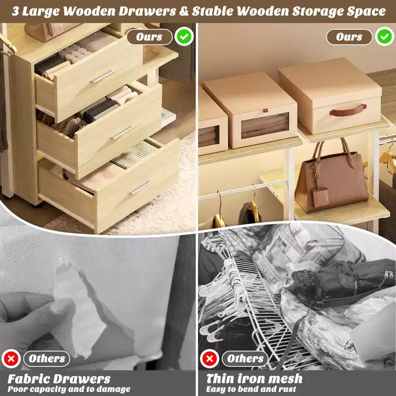 Système d'organisation de placard avec étagères tour, étendoir à vêtements robuste avec tiroirs en bois
