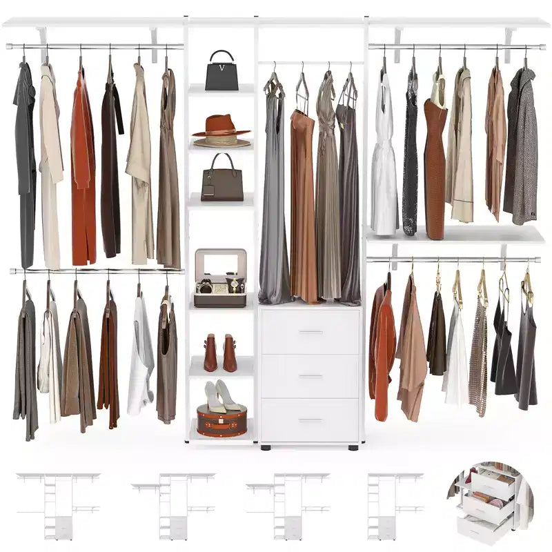Système d'organisation de placard avec étagères tour, étendoir à vêtements robuste avec tiroirs en bois