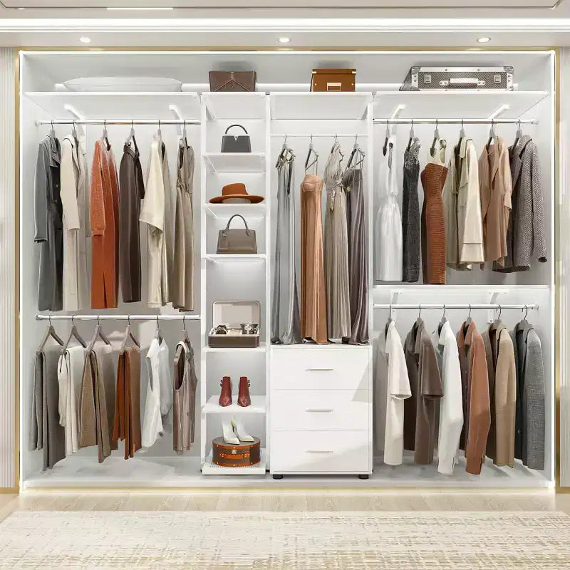 Système d'organisation de placard avec étagères tour, étendoir à vêtements robuste avec tiroirs en bois