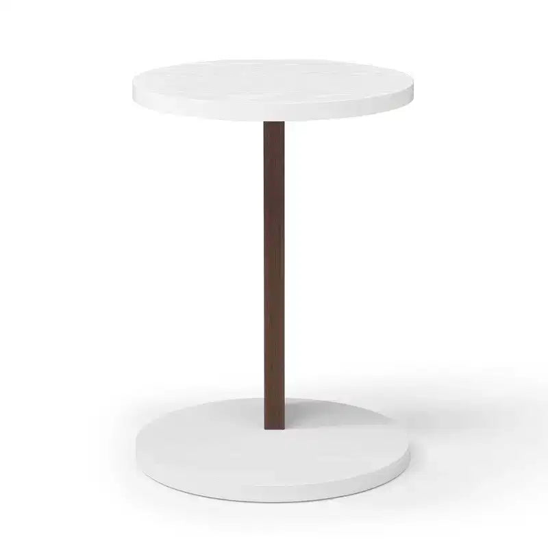 Table d'appoint minimaliste en C avec plateau rond, table d'appoint au design unique, table de canapé pour salon, chambre, côté de canapé, blanc+noyer