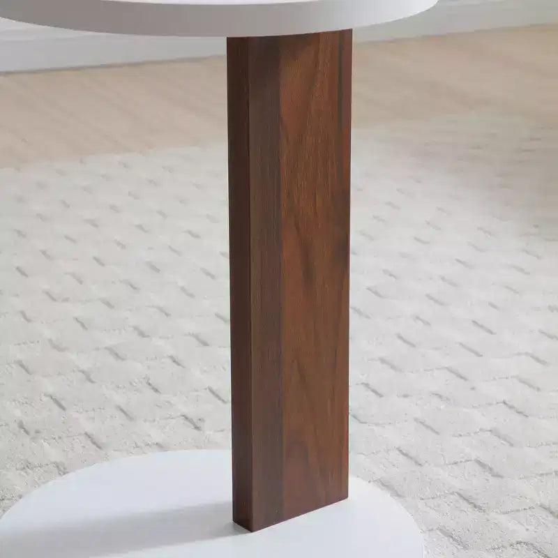Table d'appoint minimaliste en C avec plateau rond, table d'appoint au design unique, table de canapé pour salon, chambre, côté de canapé, blanc+noyer