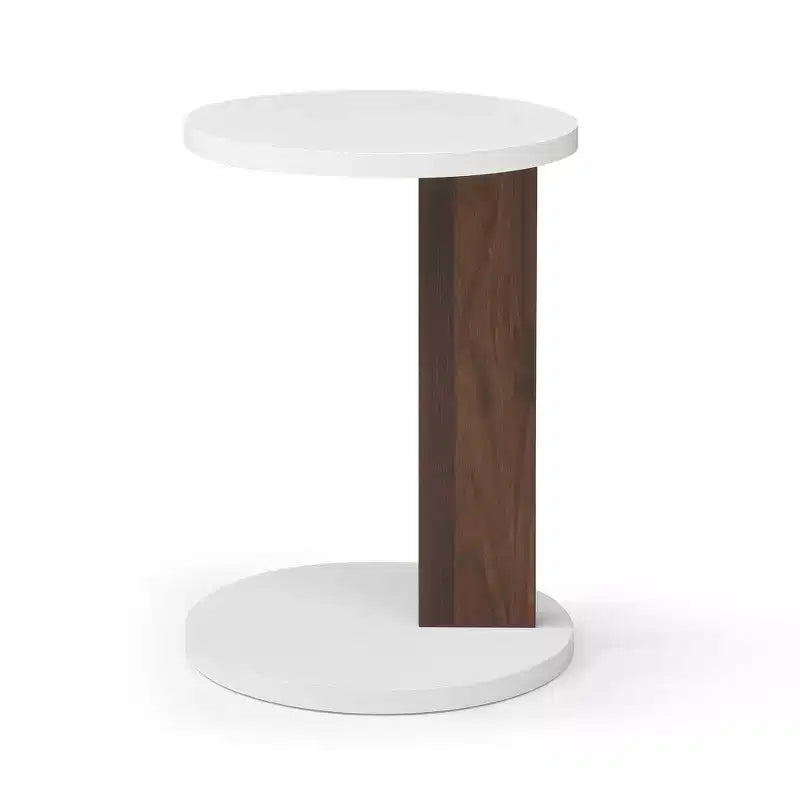 Table d'appoint minimaliste en C avec plateau rond, table d'appoint au design unique, table de canapé pour salon, chambre, côté de canapé, blanc+noyer