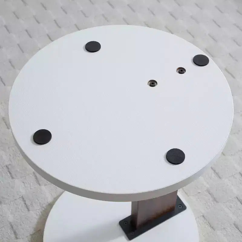 Table d'appoint minimaliste en C avec plateau rond, table d'appoint au design unique, table de canapé pour salon, chambre, côté de canapé, blanc+noyer