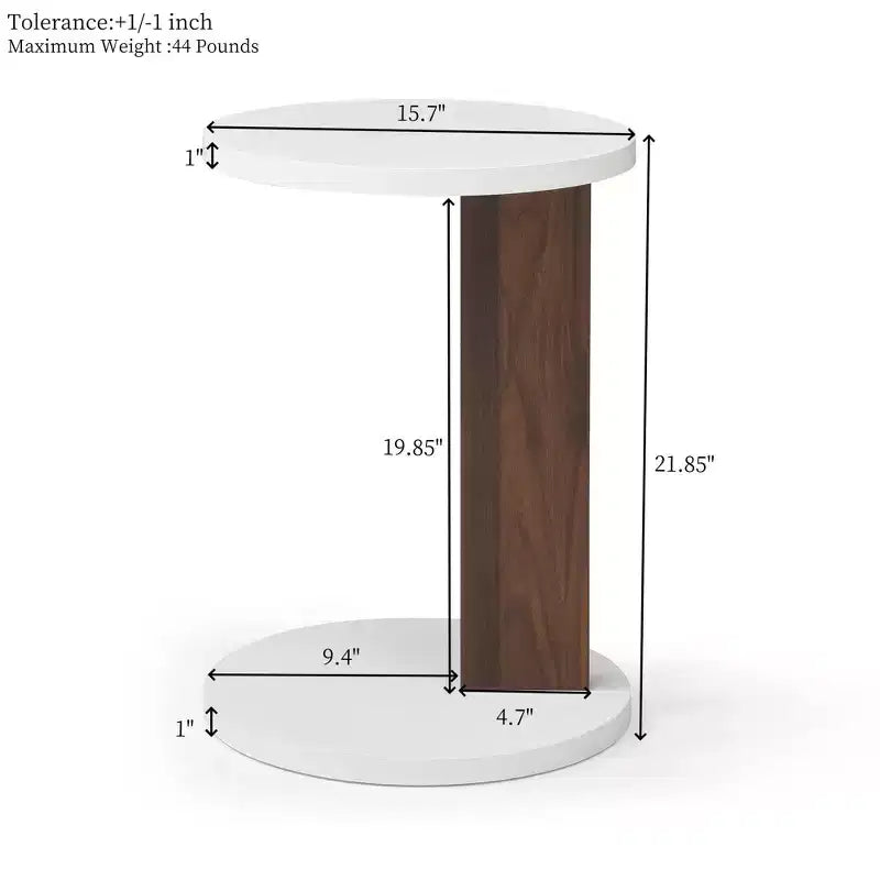 Table d'appoint minimaliste en C avec plateau rond, table d'appoint au design unique, table de canapé pour salon, chambre, côté de canapé, blanc+noyer