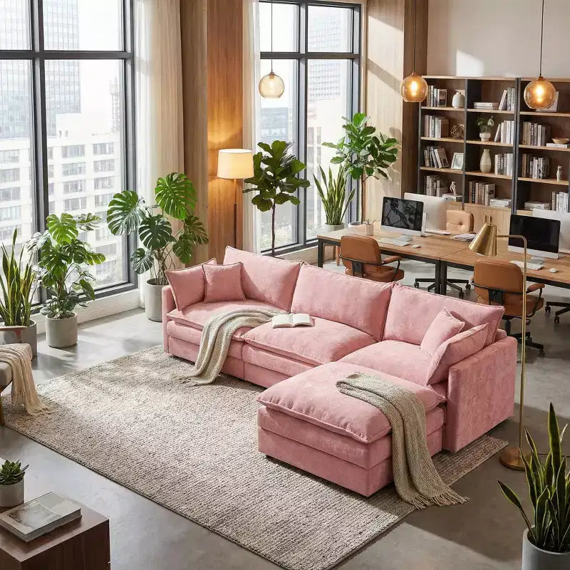Canapé sectionnel modulaire rembourré 102 po avec pouf réversible, canapé en L à assise profonde avec coussins décoratifs pour salon