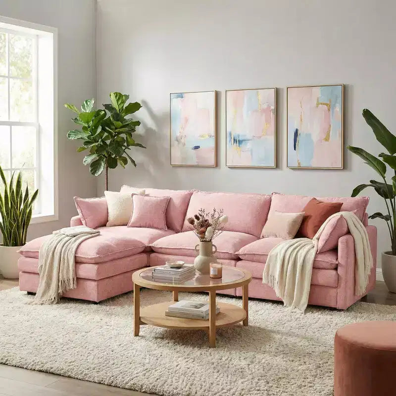 Canapé sectionnel modulaire rembourré 102 po avec pouf réversible, canapé en L à assise profonde avec coussins décoratifs pour salon
