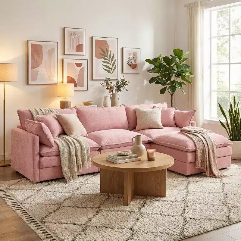 Canapé sectionnel modulaire rembourré 102 po avec pouf réversible, canapé en L à assise profonde avec coussins décoratifs pour salon