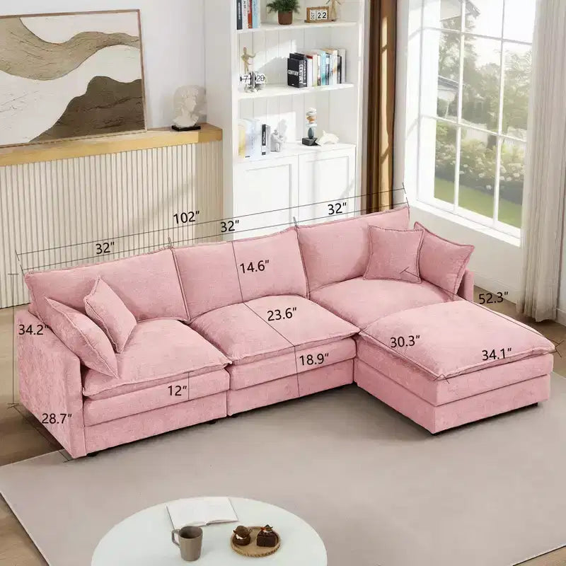 Canapé sectionnel modulaire rembourré 102 po avec pouf réversible, canapé en L à assise profonde avec coussins décoratifs pour salon