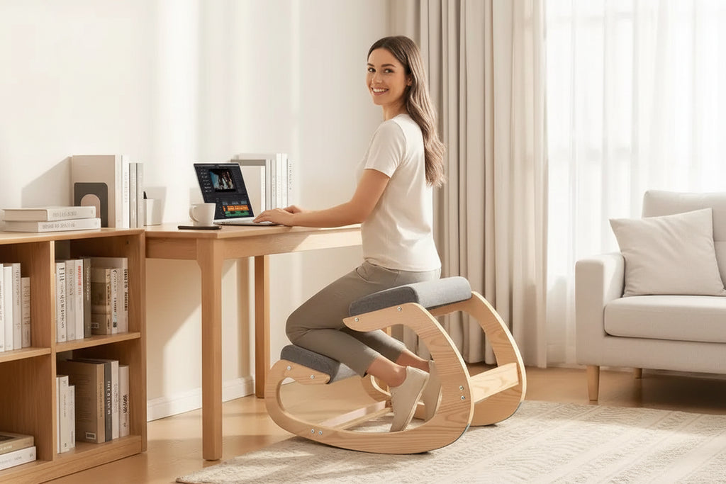 Chaise à genoux ergonomique, chaise à genoux posturale en bois avec coussins en mousse épais et cadre en bois massif, hauteur réglable, gris
