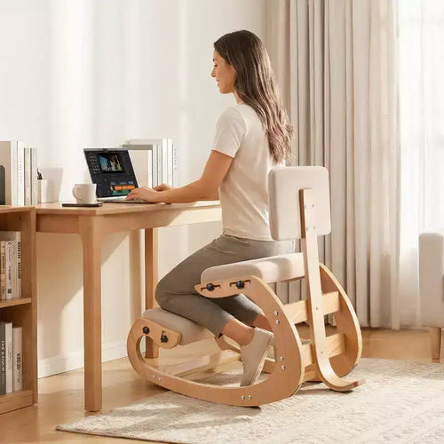 Chaise ergonomique à genoux, chaise de posture en bois avec coussins épais en mousse réglables, dossier et cadre en bois, hauteur réglable, blanc cassé