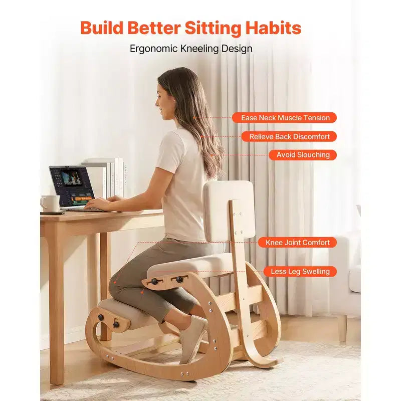 Chaise ergonomique à genoux, chaise de posture en bois avec coussins épais en mousse réglables, dossier et cadre en bois, hauteur réglable, blanc cassé