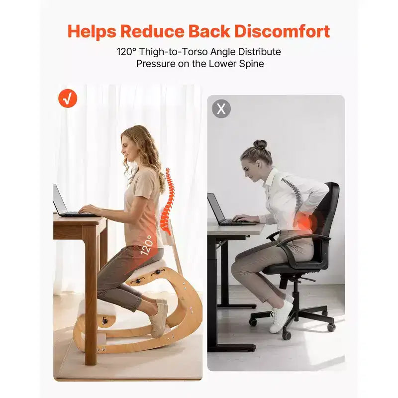 Chaise ergonomique à genoux, chaise de posture en bois avec coussins épais en mousse réglables, dossier et cadre en bois, hauteur réglable, blanc cassé