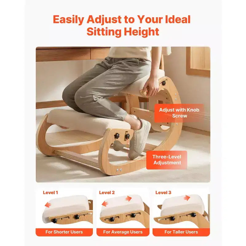Chaise ergonomique à genoux, chaise de posture en bois avec coussins épais en mousse réglables, dossier et cadre en bois, hauteur réglable, blanc cassé