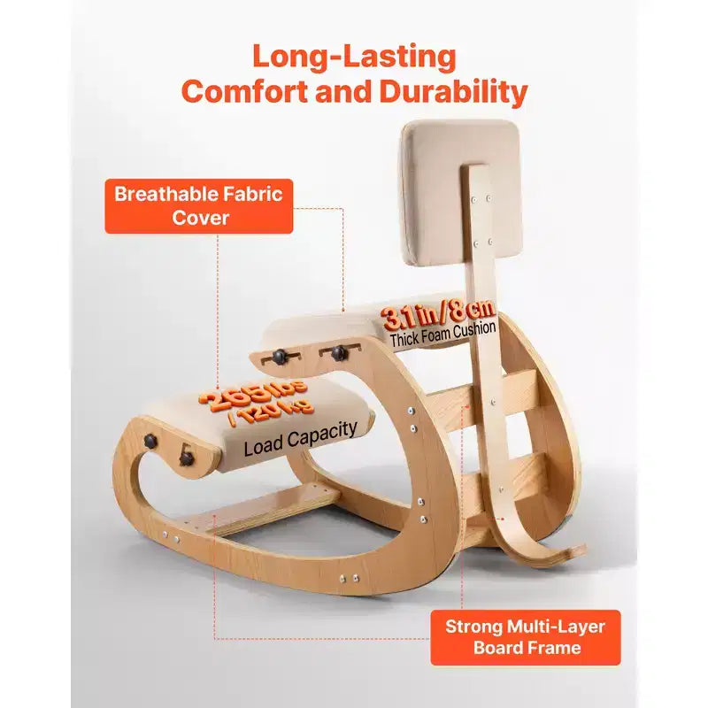 Chaise ergonomique à genoux, chaise de posture en bois avec coussins épais en mousse réglables, dossier et cadre en bois, hauteur réglable, blanc cassé