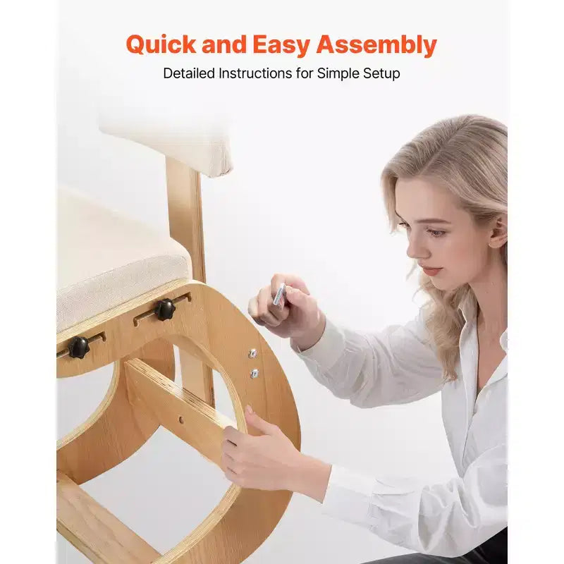 Chaise ergonomique à genoux, chaise de posture en bois avec coussins épais en mousse réglables, dossier et cadre en bois, hauteur réglable, blanc cassé