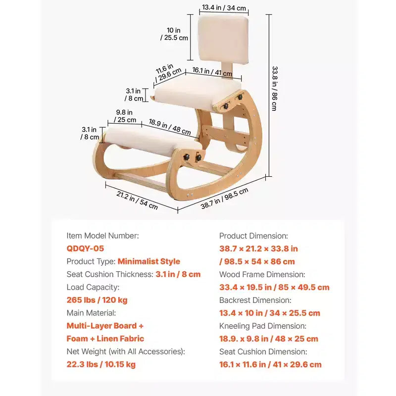 Chaise ergonomique à genoux, chaise de posture en bois avec coussins épais en mousse réglables, dossier et cadre en bois, hauteur réglable, blanc cassé