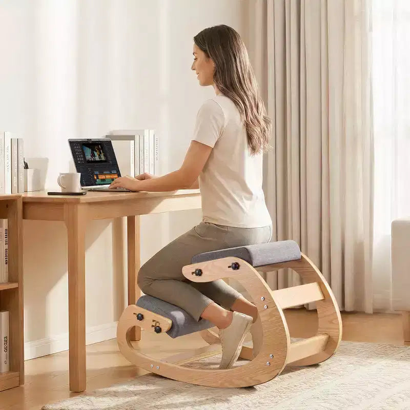 Chaise ergonomique à genoux, chaise à genoux posturale en bois avec coussins épais en mousse réglables et cadre en bois massif, hauteur réglable, gris