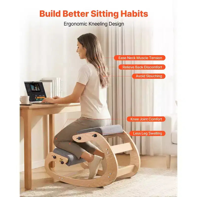 Chaise ergonomique à genoux, chaise à genoux posturale en bois avec coussins épais en mousse réglables et cadre en bois massif, hauteur réglable, gris